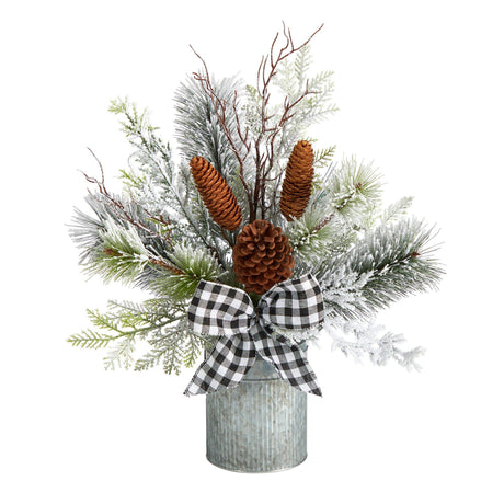 20” Holiday Winter Greenery with Pinecones and Gingham Plaid Bow Table Christmas Arrangement-Arrangement-Parc Decor