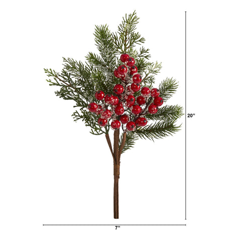 20” Iced Pine and Berries Artificial Plant (Set of 4)-Stem-Parc Decor