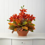 21” Cymbidium Orchid and Croton Artificial Arrangement in Terra Cotta Vase-Parc Decor