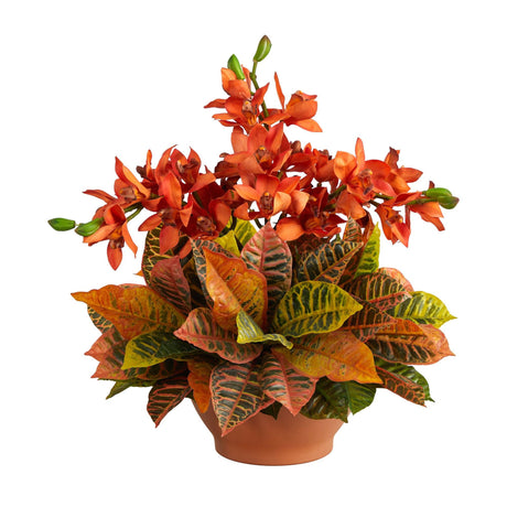 21” Cymbidium Orchid and Croton Artificial Arrangement in Terra Cotta Vase-Parc Decor