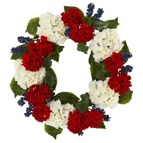 21” Geranium and Blue Berry Artificial Wreath-Parc Decor