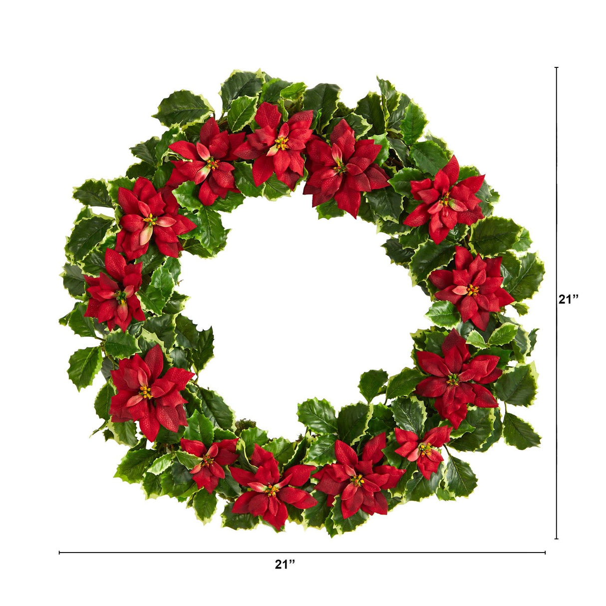 21” Poinsettia and Variegated Holly Artificial Christmas Wreath-Wreath-Parc Decor