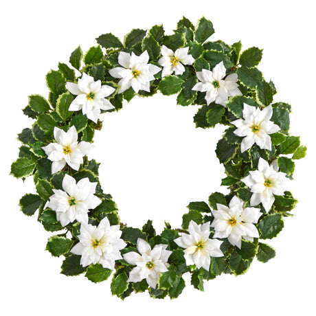 21” Poinsettia and Variegated Holly Artificial Christmas Wreath-Wreath-Parc Decor