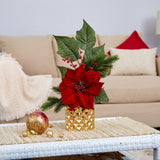 21” Poinsettia, Berries and Pine Artificial Arrangement in Gold Vase-Arrangement-Parc Decor