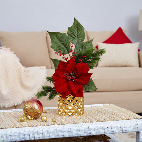 21” Poinsettia, Berries and Pine Artificial Arrangement in Gold Vase-Arrangement-Parc Decor