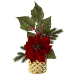 21” Poinsettia, Berries and Pine Artificial Arrangement in Gold Vase-Arrangement-Parc Decor