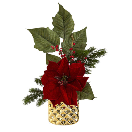 21” Poinsettia, Berries and Pine Artificial Arrangement in Gold Vase-Arrangement-Parc Decor