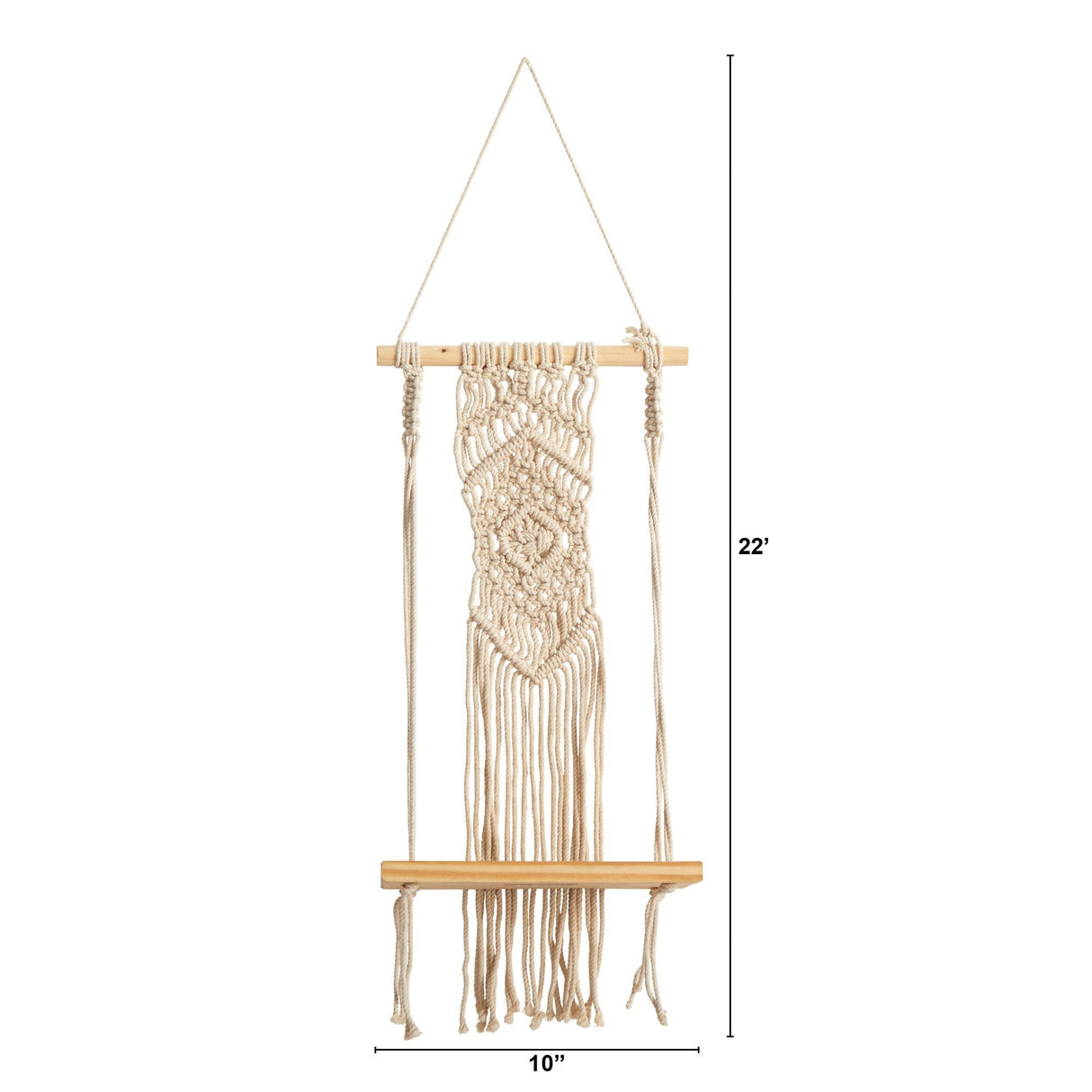 22” Boho Chic Wood Macrame Shelf with Diamond Weave-Parc Decor