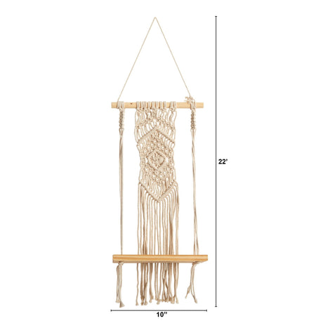 22” Boho Chic Wood Macrame Shelf with Diamond Weave-Parc Decor