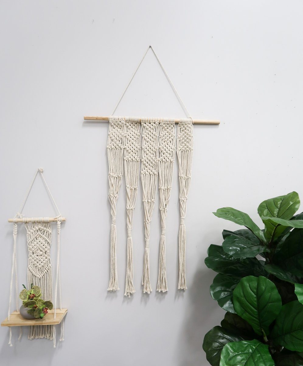 22” Boho Chic Wood Macrame Shelf with Diamond Weave-Parc Decor