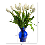 22” Dutch Tulip Artificial Arrangement in Blue Colored Vase-Parc Decor
