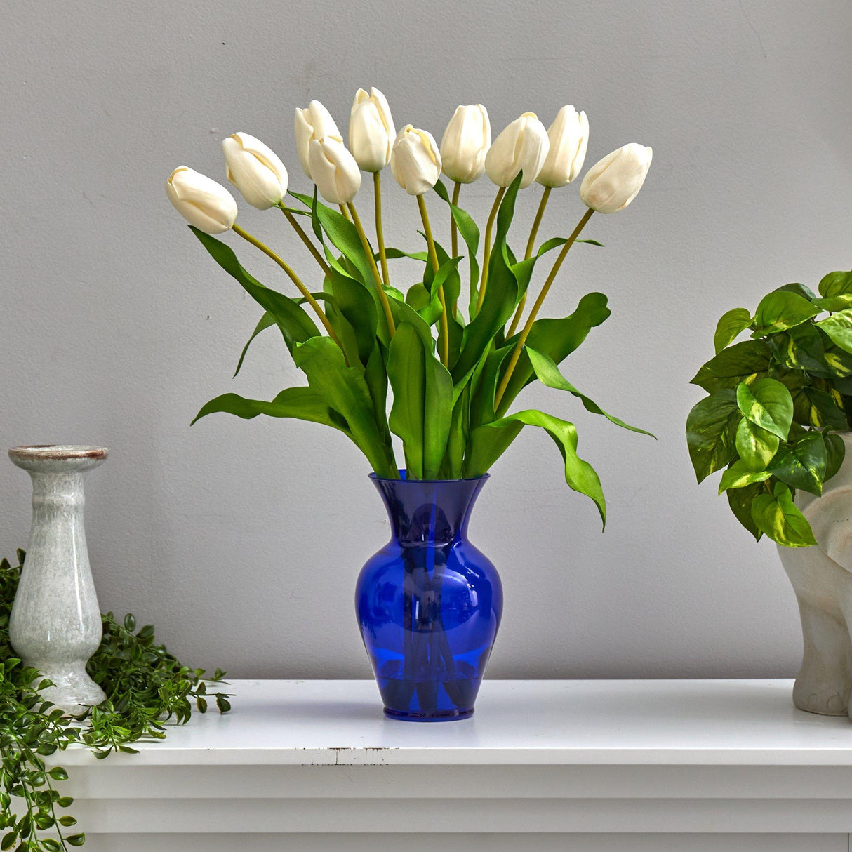 22” Dutch Tulip Artificial Arrangement in Blue Colored Vase-Parc Decor
