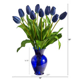 22” Dutch Tulip Artificial Arrangement in Blue Colored Vase-Parc Decor