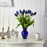 22” Dutch Tulip Artificial Arrangement in Blue Colored Vase-Parc Decor