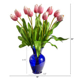 22” Dutch Tulip Artificial Arrangement in Blue Colored Vase-Parc Decor