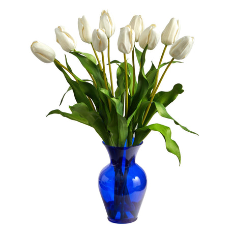 22” Dutch Tulip Artificial Arrangement in Blue Colored Vase-Parc Decor