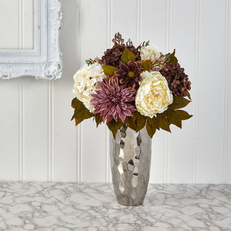 22” Peony, Hydrangea and Dahlia Artificial Arrangement in Silver Vase-Parc Decor