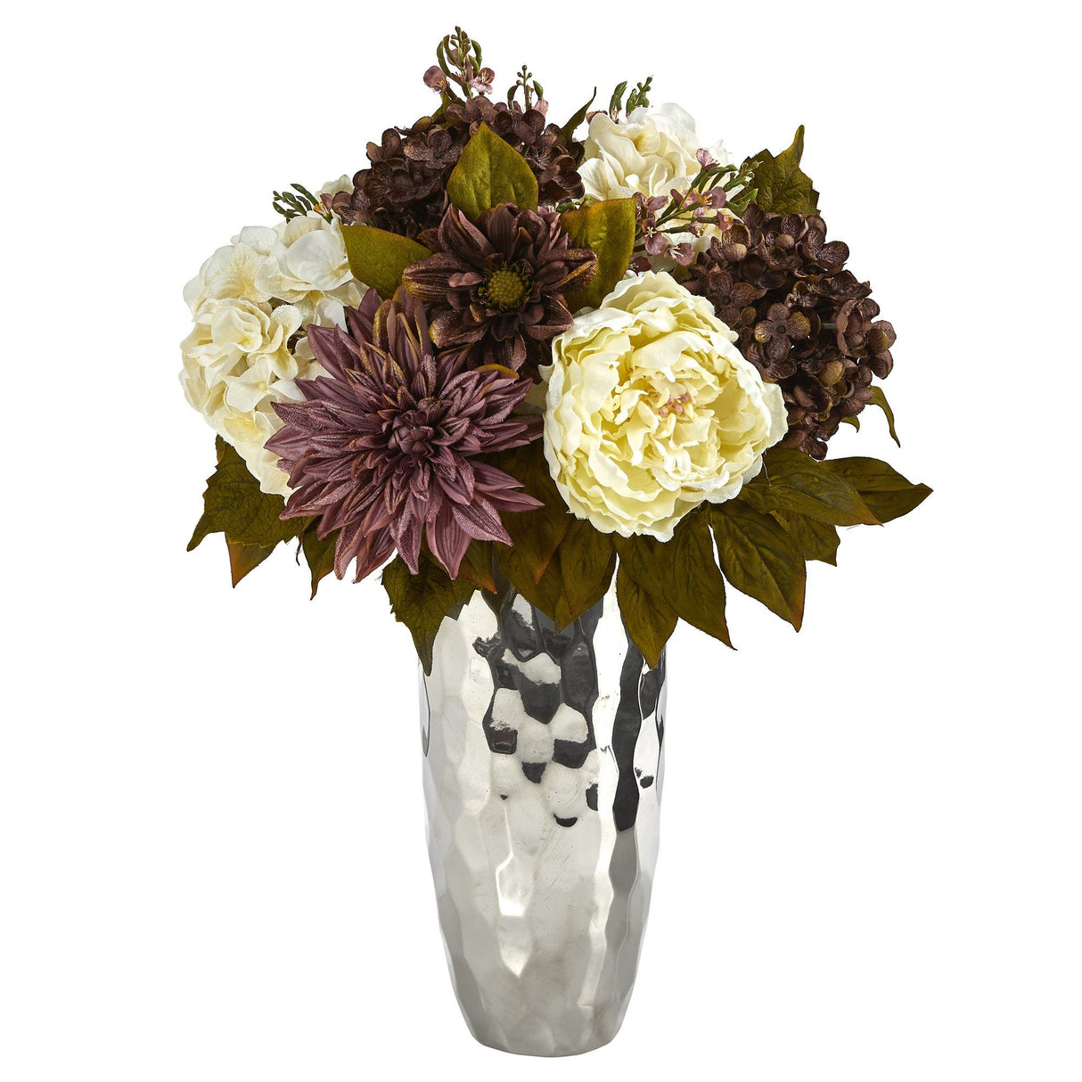 22” Peony, Hydrangea and Dahlia Artificial Arrangement in Silver Vase-Parc Decor