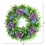 22” Purple Rose, Blue Daisy and Greens Artificial Wreath-Parc Decor