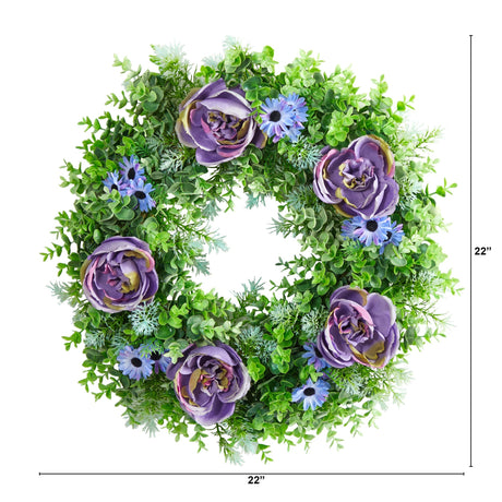 22” Purple Rose, Blue Daisy and Greens Artificial Wreath-Parc Decor
