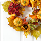 22” Autumn Hydrangea, Pumpkin and Sunflower Artificial Fall Wreath-Wreath-Parc Decor