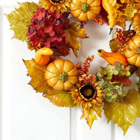 22” Autumn Hydrangea, Pumpkin and Sunflower Artificial Fall Wreath-Wreath-Parc Decor