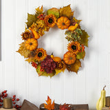 22” Autumn Hydrangea, Pumpkin and Sunflower Artificial Fall Wreath-Wreath-Parc Decor