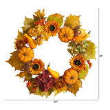 22” Autumn Hydrangea, Pumpkin and Sunflower Artificial Fall Wreath-Wreath-Parc Decor