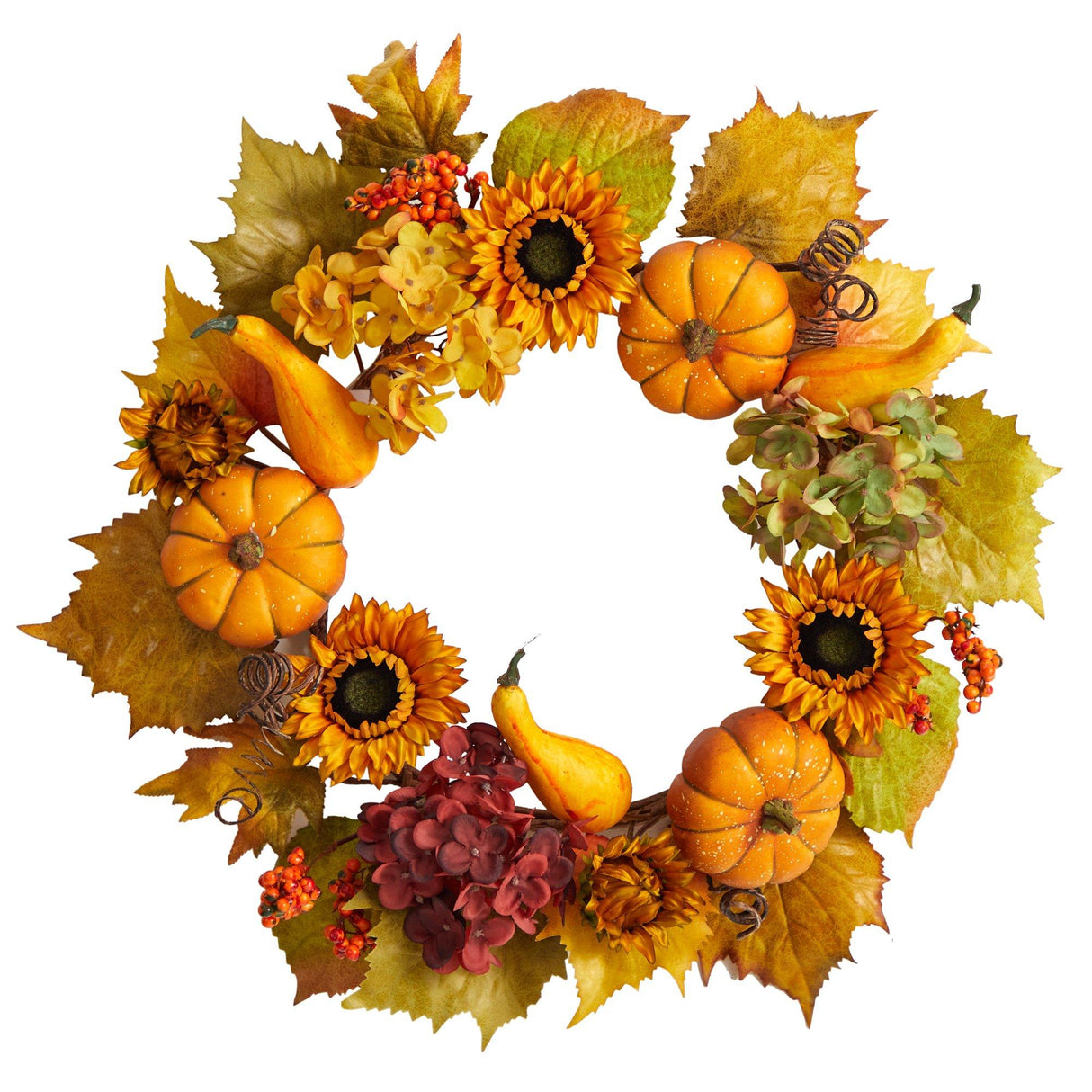 22” Autumn Hydrangea, Pumpkin and Sunflower Artificial Fall Wreath-Wreath-Parc Decor