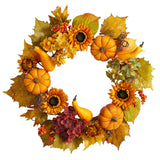 22” Autumn Hydrangea, Pumpkin and Sunflower Artificial Fall Wreath-Wreath-Parc Decor