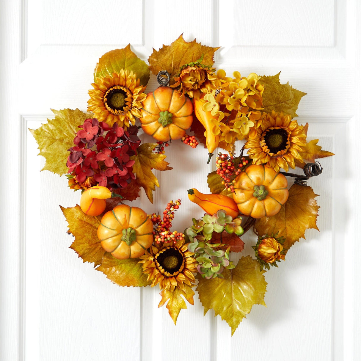 22” Autumn Hydrangea, Pumpkin and Sunflower Artificial Fall Wreath-Wreath-Parc Decor