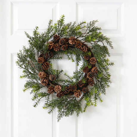 22” Cedar, Grass and Pine Cone Artificial Wreath UV Resistant (Indoor/Outdoor)-Wreath-Parc Decor