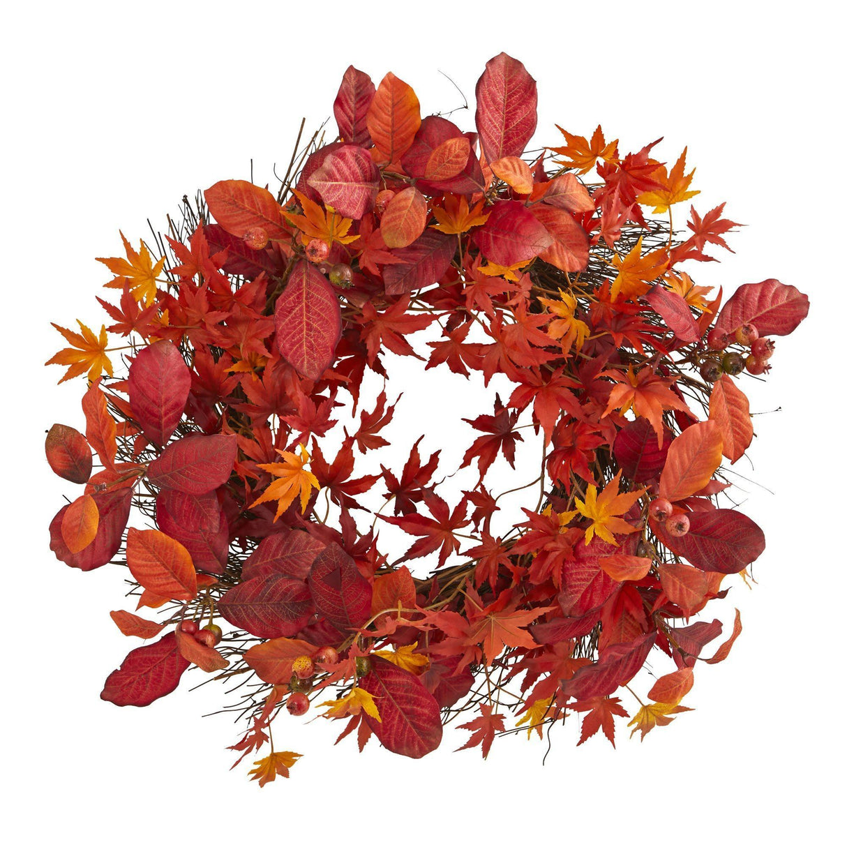 22” Japanese Maple, Magnolia Leaf and Berries Artificial Wreath-Wreath-Parc Decor
