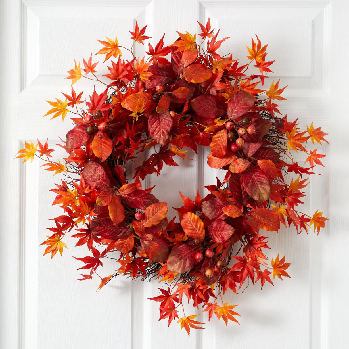 22” Japanese Maple, Magnolia Leaf and Berries Artificial Wreath-Wreath-Parc Decor