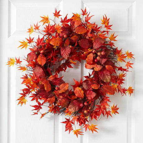 22” Japanese Maple, Magnolia Leaf and Berries Artificial Wreath-Wreath-Parc Decor
