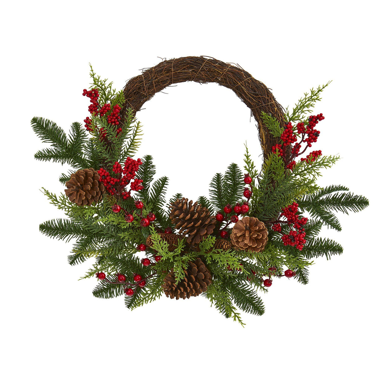 22” Mixed Pine and Cedar with Berries and Pine Cones Artificial Wreath-Wreath-Parc Decor