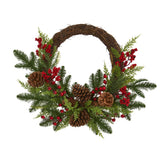 22” Mixed Pine and Cedar with Berries and Pine Cones Artificial Wreath-Wreath-Parc Decor
