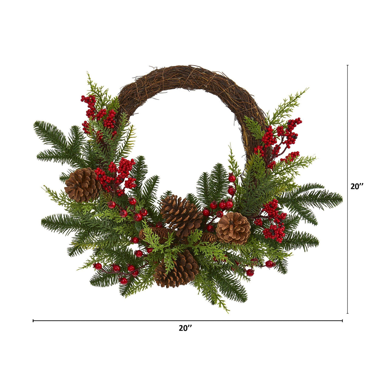 22” Mixed Pine and Cedar with Berries and Pine Cones Artificial Wreath-Wreath-Parc Decor