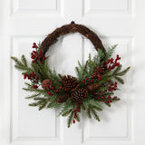 22” Mixed Pine and Cedar with Berries and Pine Cones Artificial Wreath-Wreath-Parc Decor