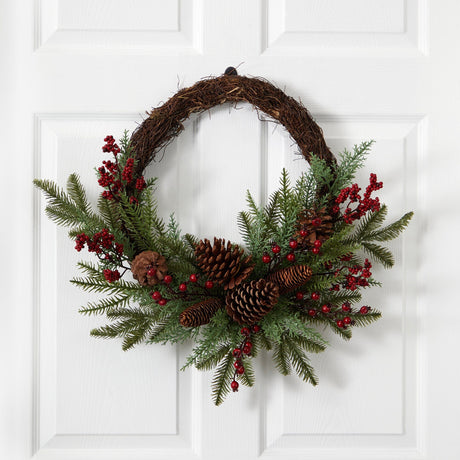 22” Mixed Pine and Cedar with Berries and Pine Cones Artificial Wreath-Wreath-Parc Decor