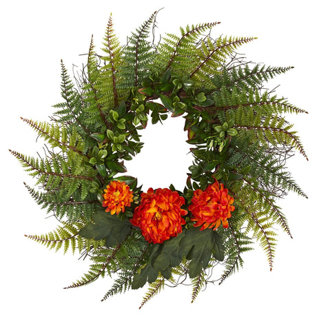 23” Assorted Fern and Chrysanthemum Artificial Wreath-Parc Decor