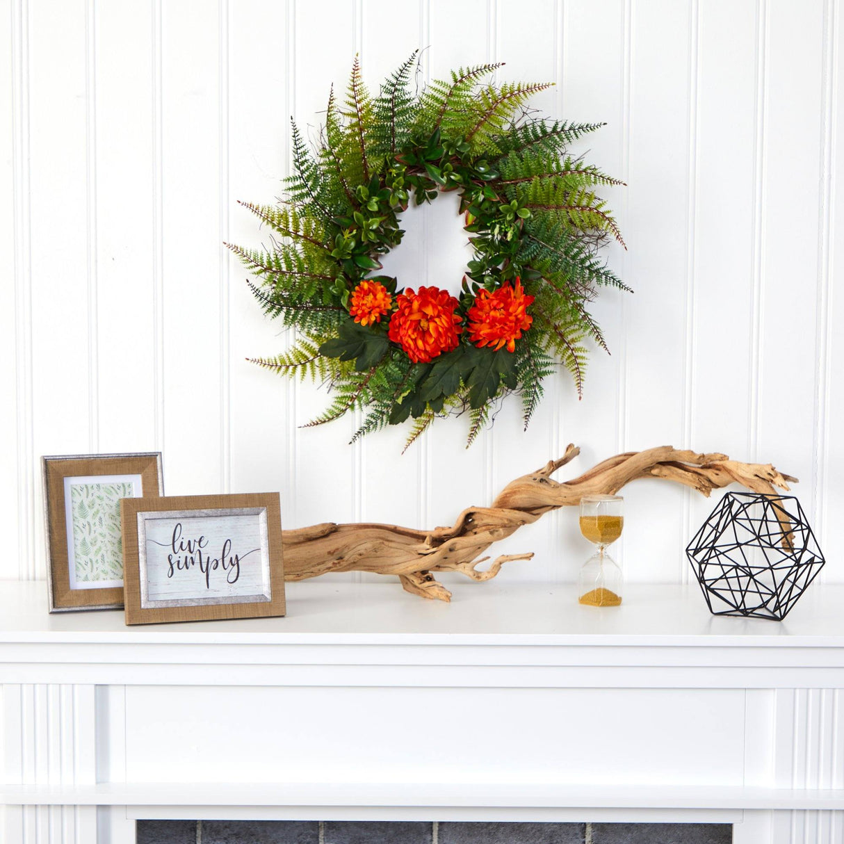 23” Assorted Fern and Chrysanthemum Artificial Wreath-Parc Decor