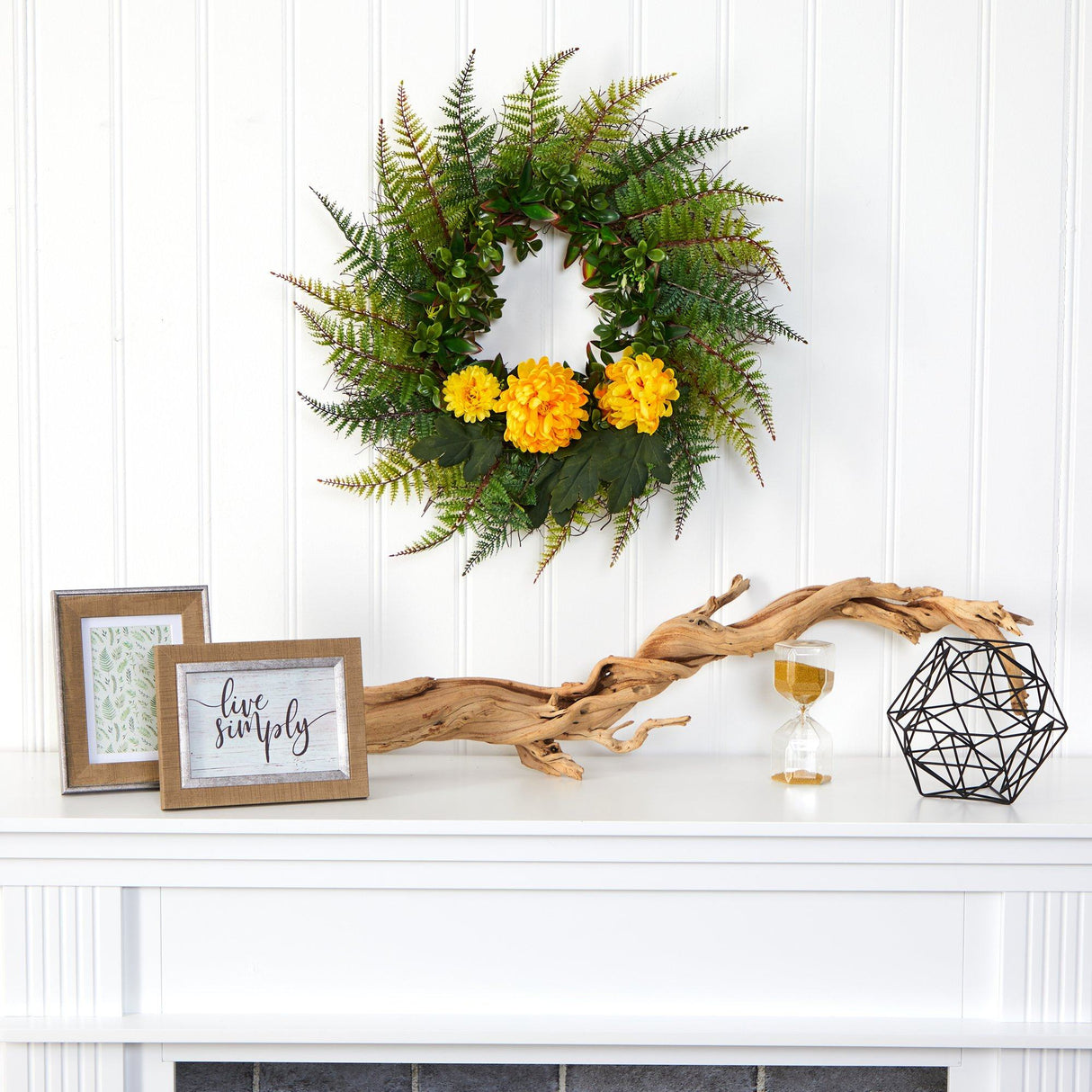 23” Assorted Fern and Chrysanthemum Artificial Wreath-Parc Decor