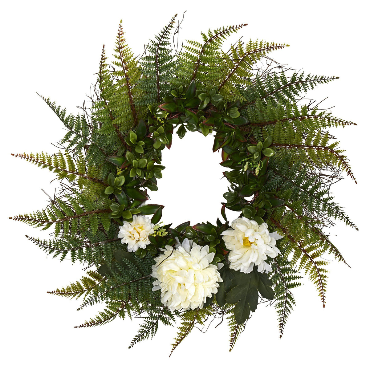 23” Assorted Fern and Chrysanthemum Artificial Wreath-Parc Decor