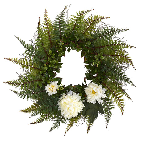 23” Assorted Fern and Chrysanthemum Artificial Wreath-Parc Decor