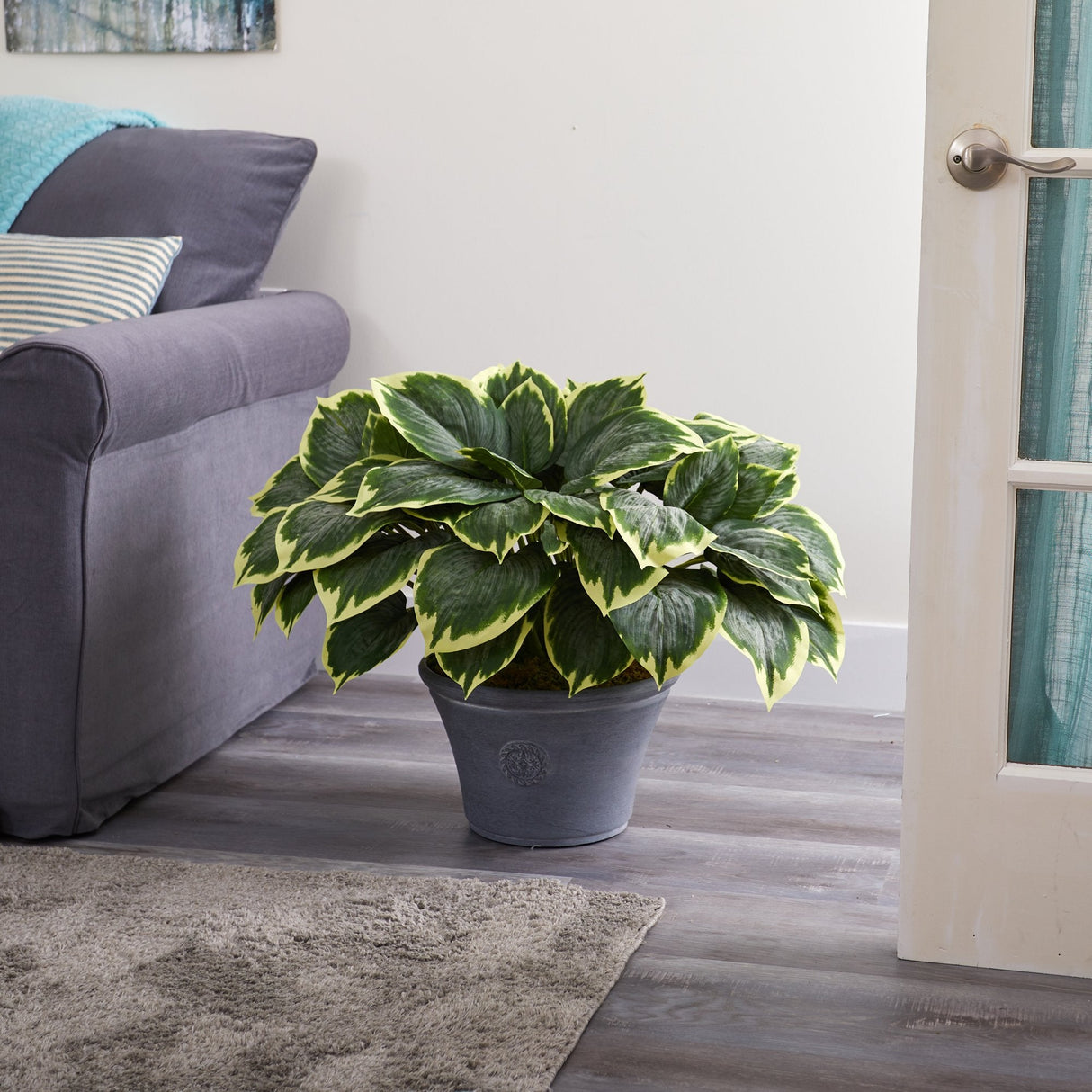 23” Variegated Hosta Artificial Plant in Gray Planter-Parc Decor