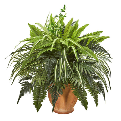 23” Mixed Greens and Fern Artificial Plant in Terra Cotta Planter