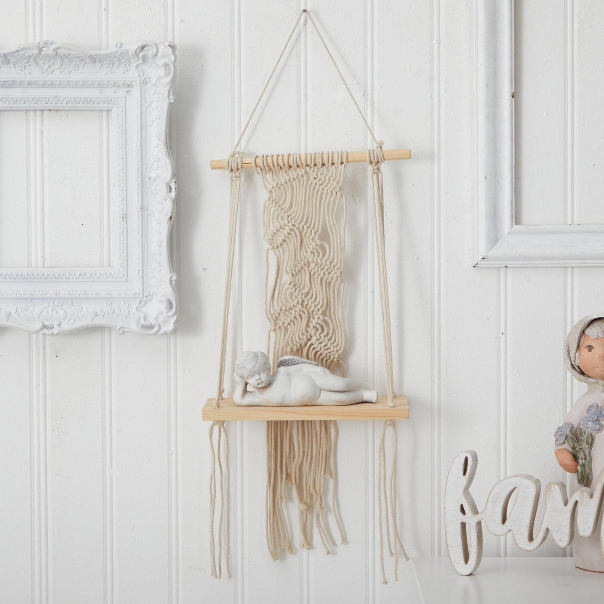 24” Boho Chic Wood Macrame Shelf-Parc Decor