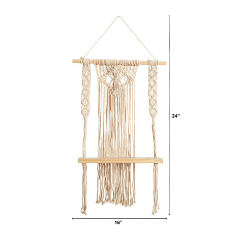 24" Boho Chic Wood Macrame Single Shelf Woven Diamond Wall Art Décor"-Parc Decor