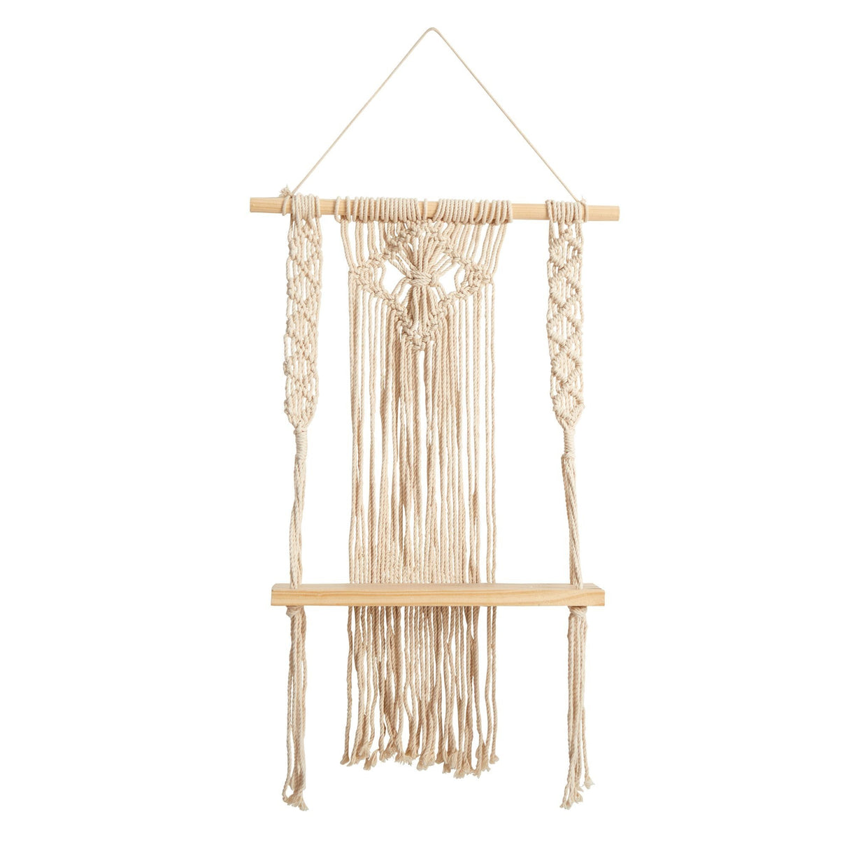 24" Boho Chic Wood Macrame Single Shelf Woven Diamond Wall Art Décor"-Parc Decor
